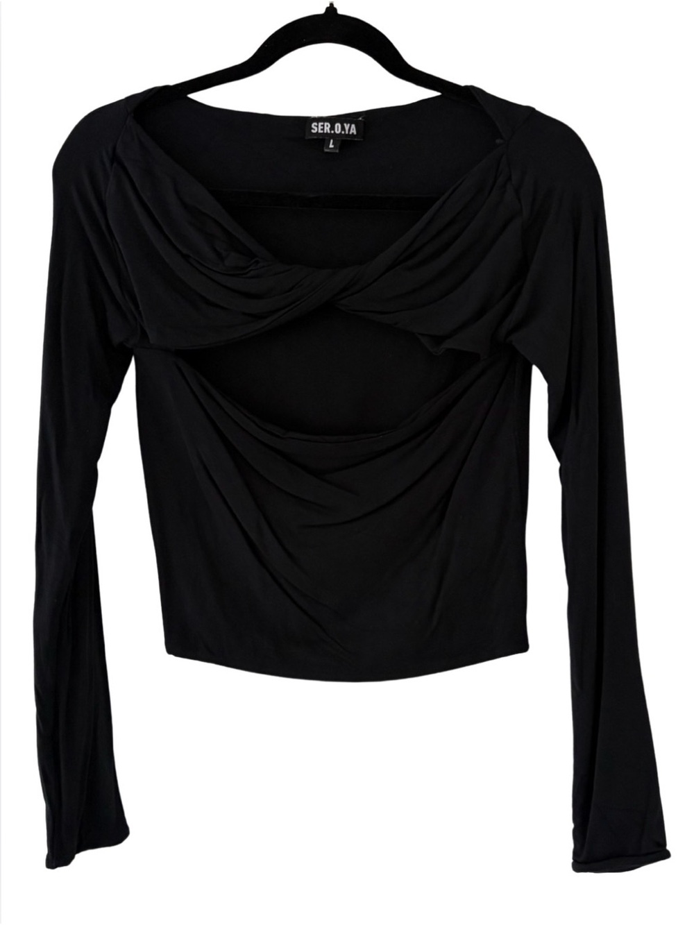 Ser.O.Ya Black Twist Front Cutout Long Sleeve Crop Top Size L Modal Stretch